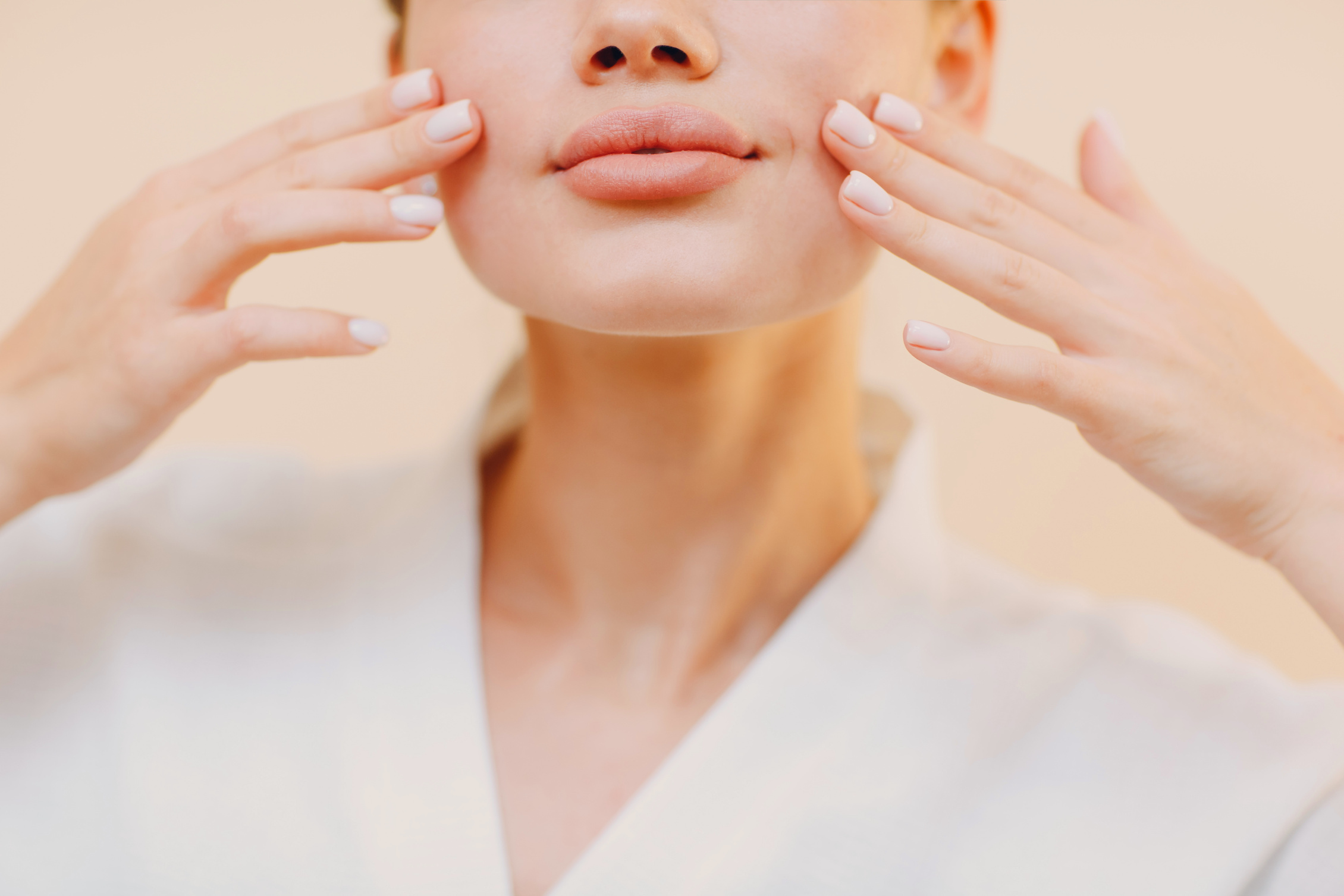 Close up Portrait of Young Caucasian Woman Doing Facebuilding Yoga Facial Gymnastics Yoga Massage